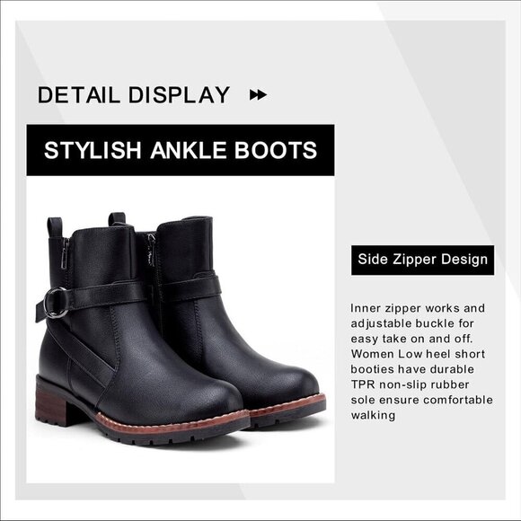 Women's 9682 Black Ankle Flat Boots Buckle Short Booties for Women's - Picture 5 of 7